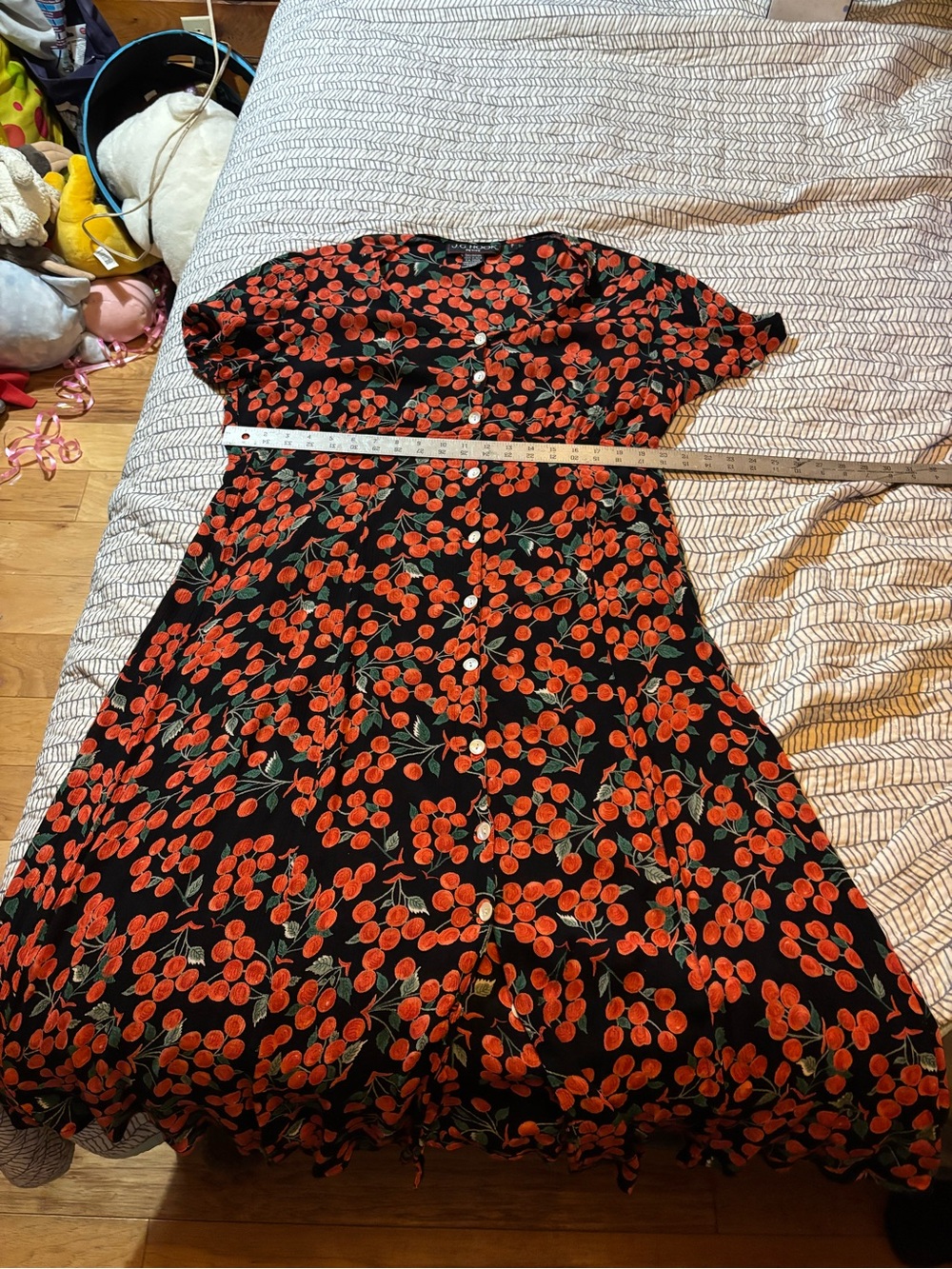 Vintage J.G. Hook Cherry Print Short Sleeve Maxi Dress button up